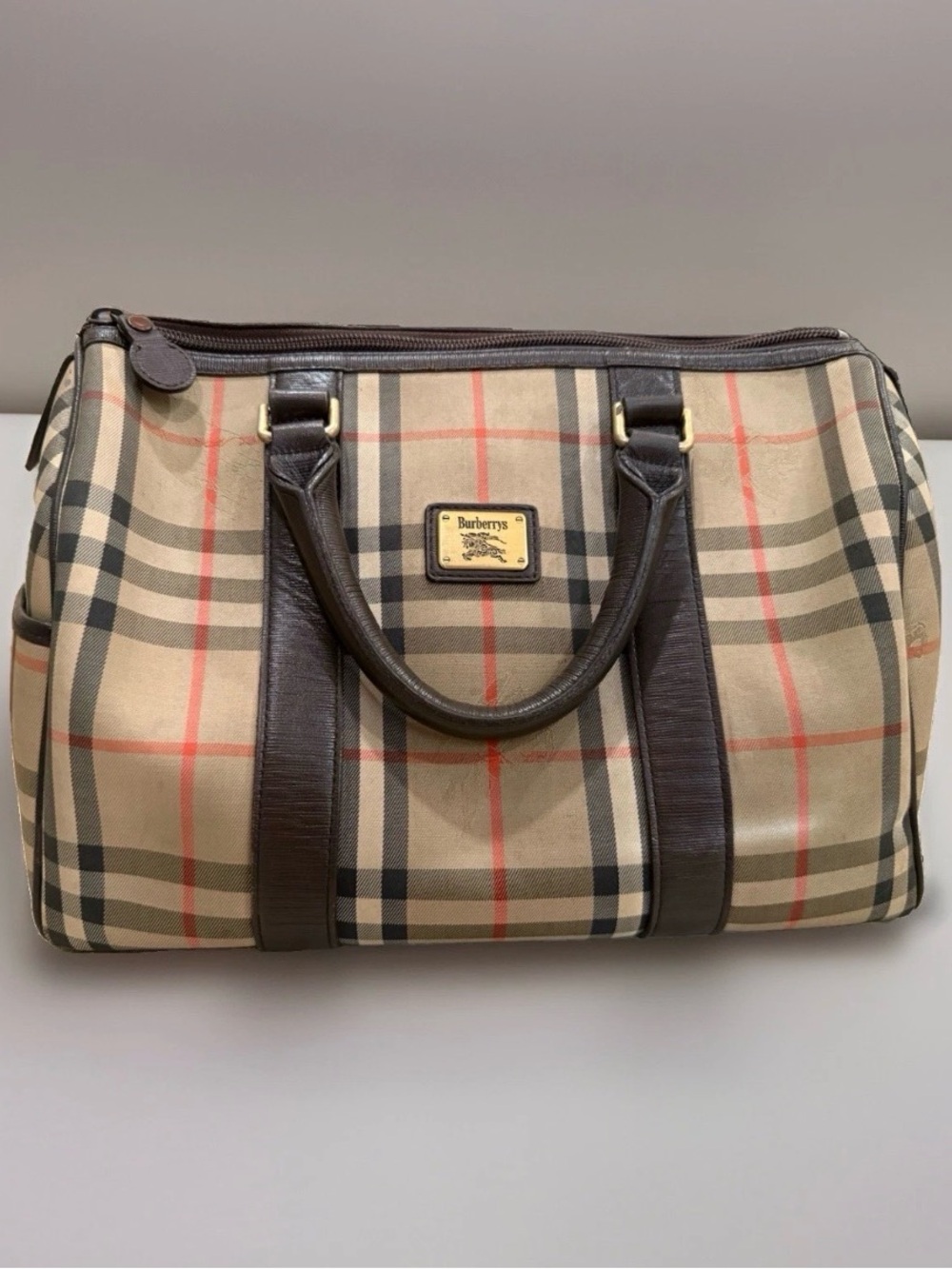 Burberrys Beige Plaid Handbag with Gold Plaque